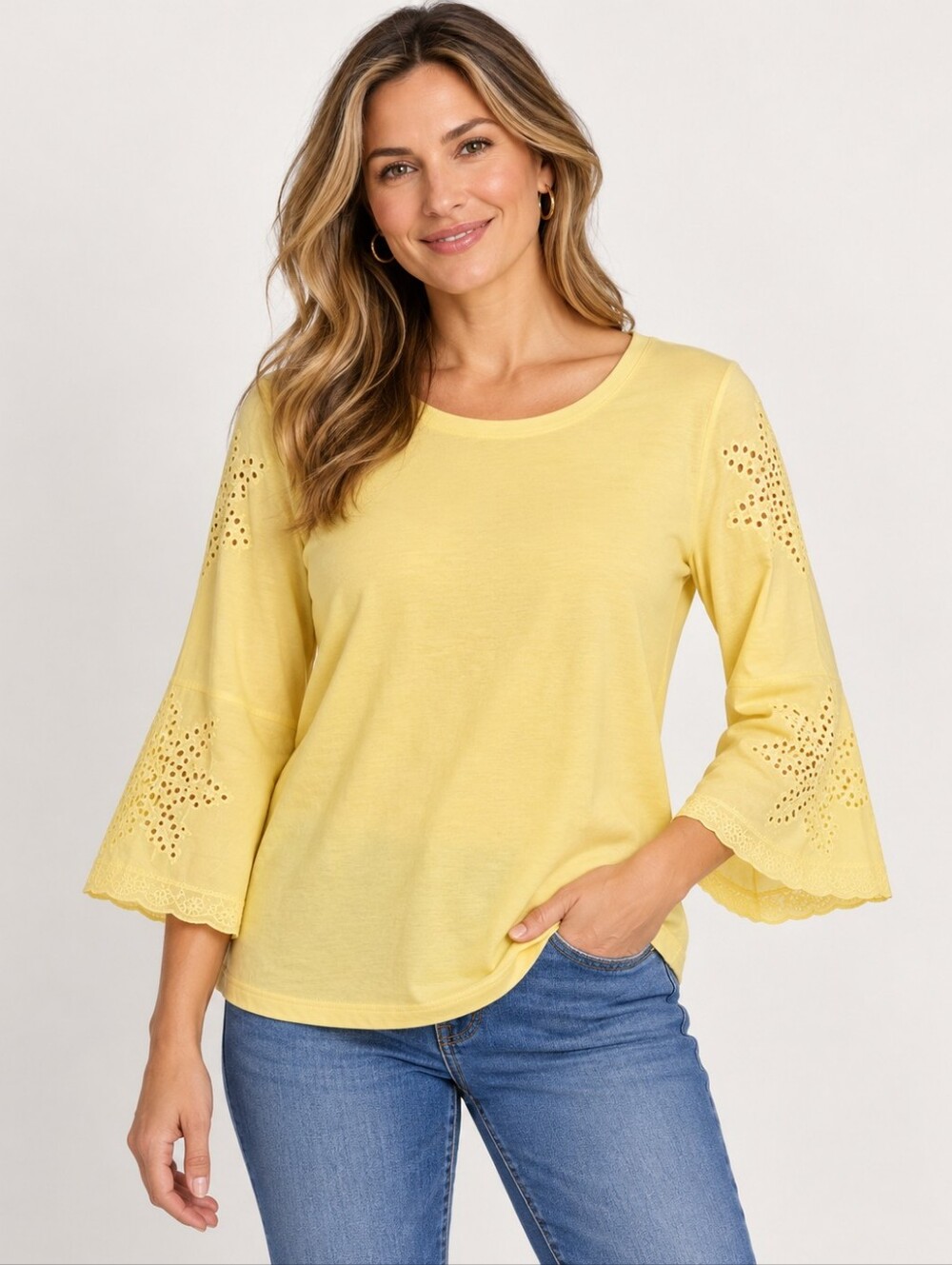 Soft Surroundings Bonavista Eyelet Yellow Bell Sleeve Blouse Women’s Size Small